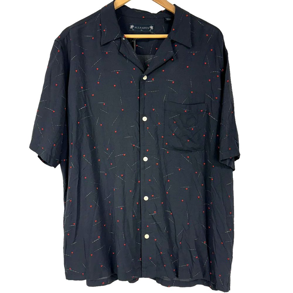 All Saints Navy Short Sleeve Button-Down Shirt with Red Dot Print